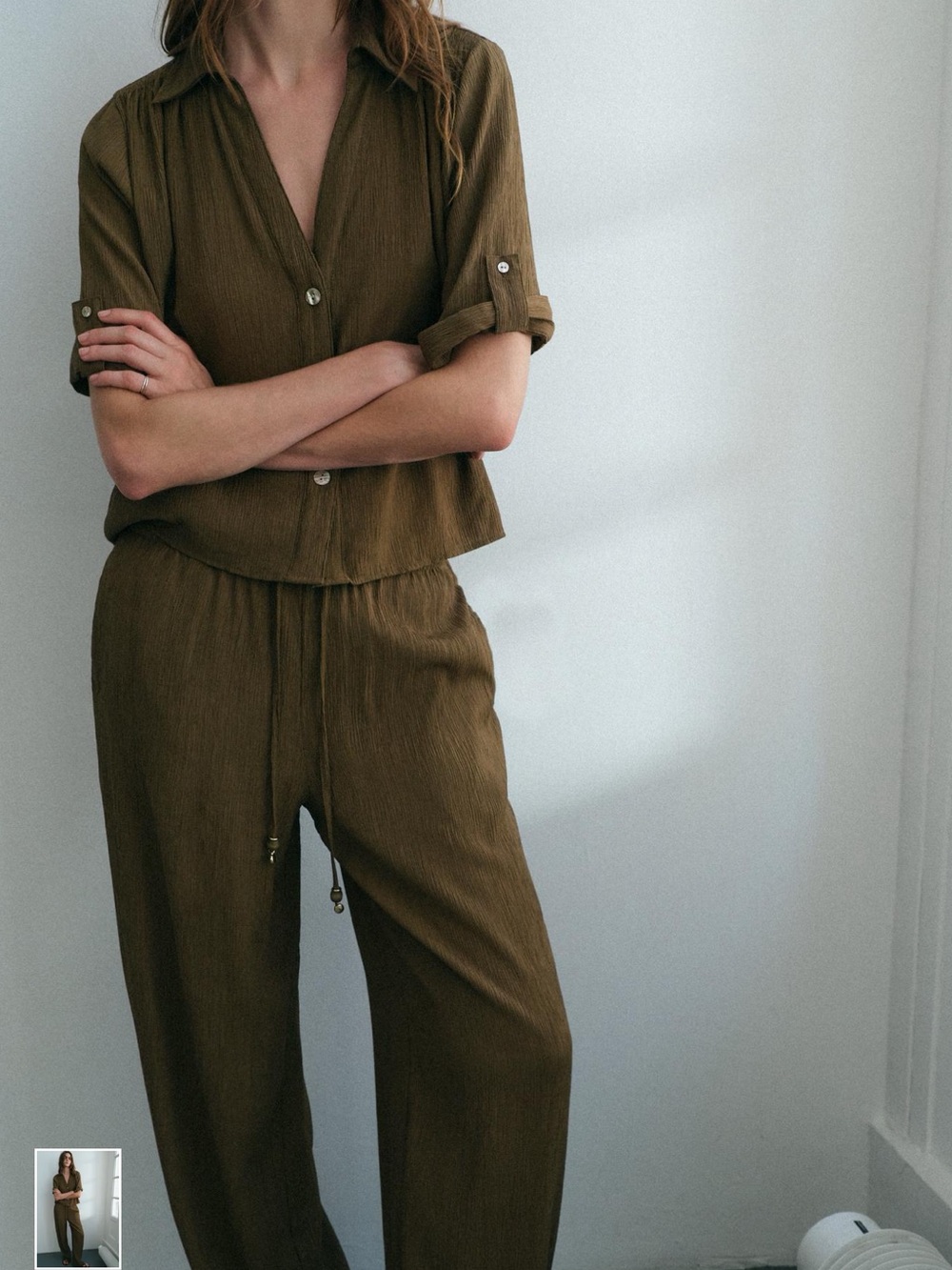 Zara Olive Green Wide-Leg Drawstring Pants and Top SET
